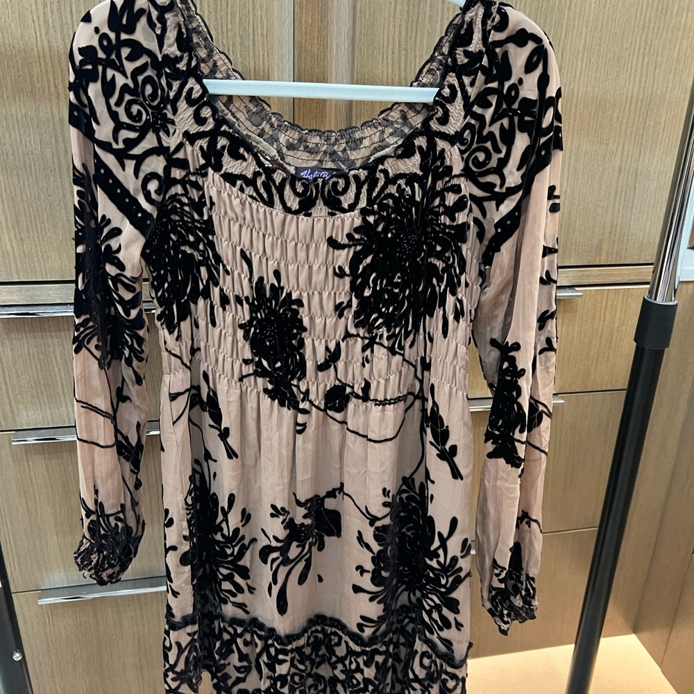 Hale Bob Silk Blend Velvet Burnout Ruched Beaded Floral Long Sleeve Dress